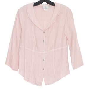 Vintage Pink Linen Hot Cotton SP Button Up Top 3/4 Sleeve Prairie Cottagecore